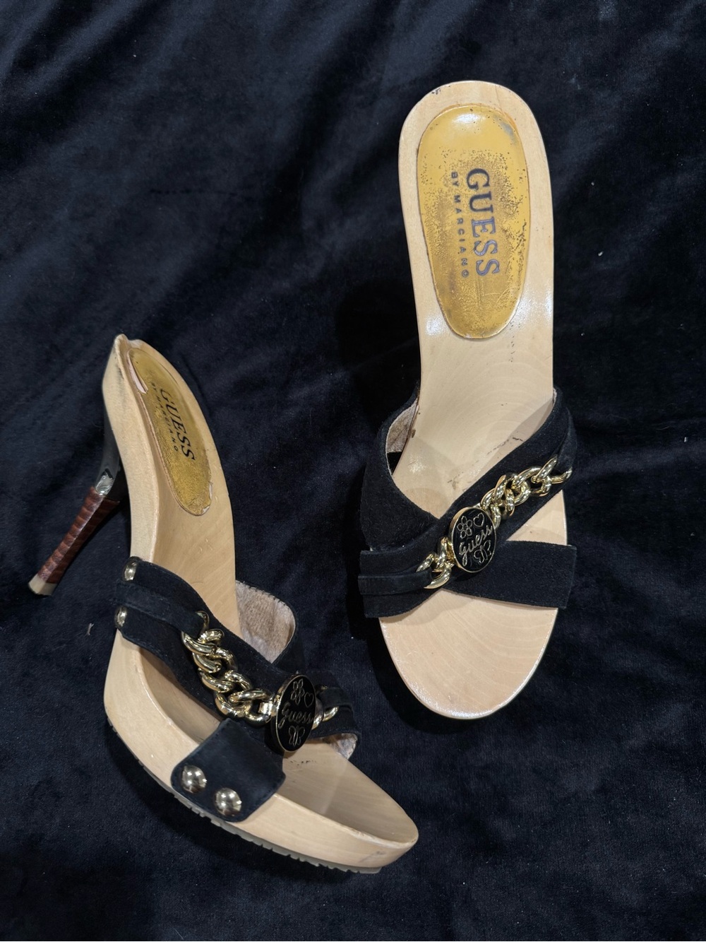 GUESS Black Suede Chain-Accent High Heel Sandals